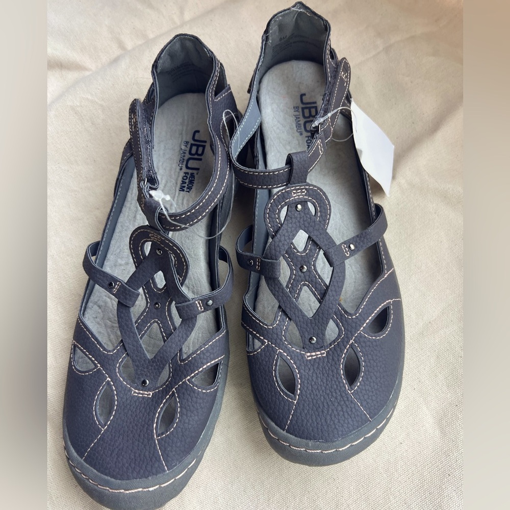 JBU by Jambu Memory Foam Sandals, charcoal gray w/pink stitching, size 9M, NWT